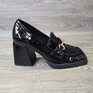Shelly London Loafers Women's 7‎ Black Patent Leather Croc Embossed Academia
